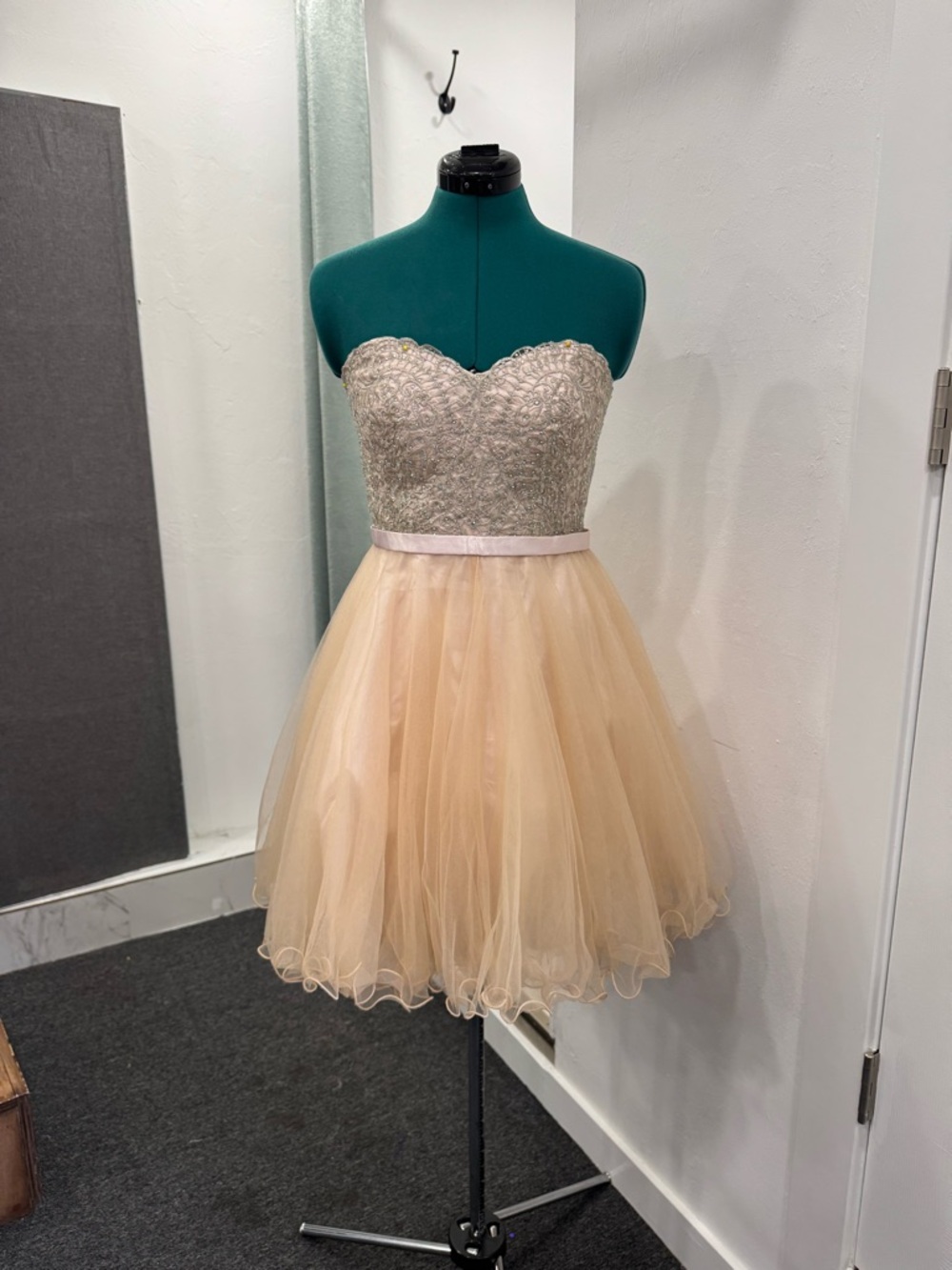 Strapless Lace Bodice Tulle Skater Dress in Blush